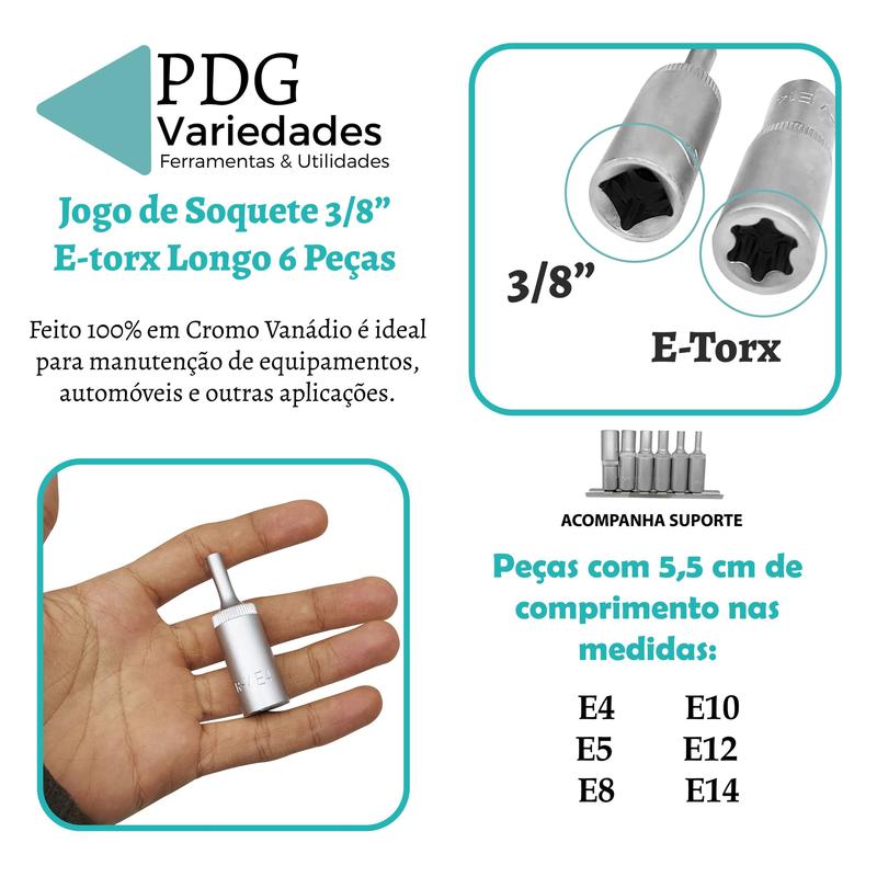 Kit Soquetes Pito 3/8 pol E-Torx Torque Longo 6 Peças Cr-V